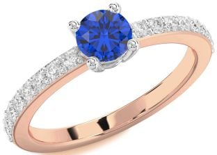 Diamond Blue Sapphire White Rose Gold Round Solitaire Pave Engagement Ring