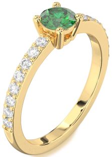 Diamond Emerald Gold Round Solitaire Pave Engagement Ring