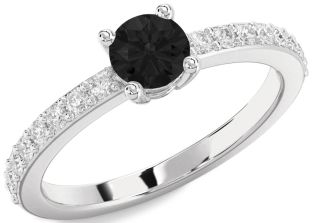 Black Diamond Silver Round Solitaire Pave Engagement Ring