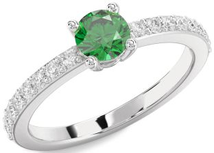 Diamond Emerald White Gold Round Solitaire Pave Engagement Ring