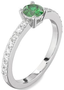 Diamond Emerald Platinum Round Solitaire Pave Engagement Ring