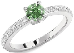 Green Diamond Silver Round Solitaire Pave Engagement Ring