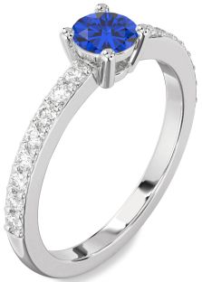 Diamond Blue Sapphire Silver Round Solitaire Pave Engagement Ring