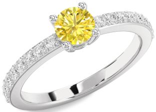 Yellow Diamond Silver Round Solitaire Pave Engagement Ring