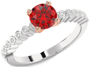 Diamond Ruby Silver & 10K Rose Gold Round Solitaire Pave Engagement Ring
