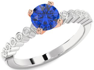 Diamond Blue Sapphire White Rose Gold Round Solitaire Engagement Ring