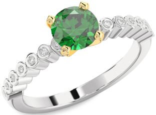 Diamond Emerald Silver & 10K gold Round Solitaire Pave Engagement Ring