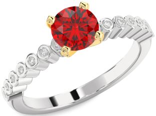 Diamond Ruby Silver & 10K gold Round Solitaire Pave Engagement Ring