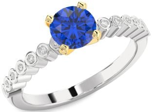 Diamond Blue Sapphire White Yellow Gold Round Solitaire Engagement Ring