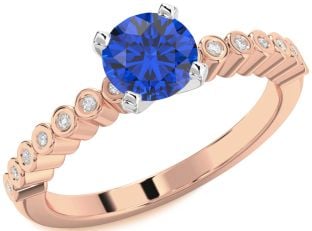 Diamond Blue Sapphire White Rose Gold Round Solitaire Engagement Ring
