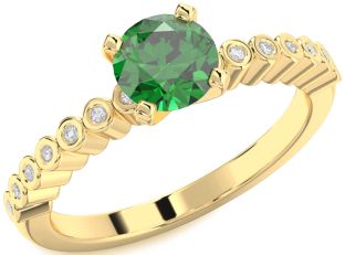 Diamond Emerald Gold Round Solitaire Pave Engagement Ring