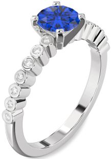 Diamond Blue Sapphire Silver Round Solitaire Engagement Ring