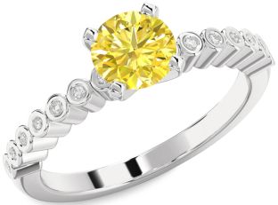 Yellow Diamond Silver Round Solitaire Engagement Ring
