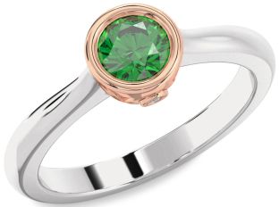 Diamond Emerald Platinum & Rose Gold Round Solitaire Engagement Ring
