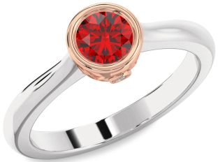 Diamond Ruby Silver & 10K Rose Gold Round Solitaire Engagement Ring