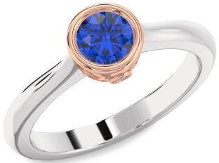 Diamond Blue Sapphire White Rose Gold Round Solitaire Engagement Ring
