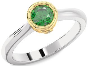 Diamond Emerald Platinum & Yellow Gold Round Solitaire Engagement Ring