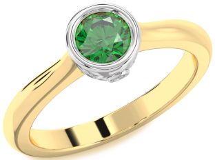 Diamond Emerald Platinum & Yellow Gold Round Solitaire Engagement Ring