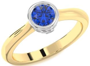 Diamond Blue Sapphire White Yellow Gold Round Solitaire Engagement Ring