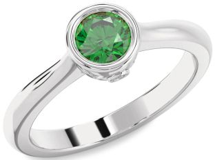 Diamond Emerald Platinum Round Solitaire Engagement Ring