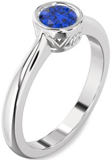 Diamond Blue Sapphire Silver Round Solitaire Engagement Ring