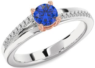 Diamond Blue Sapphire White Rose Gold Round Solitaire Engagement Ring