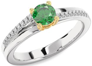 Diamond Emerald Platinum & Yellow Gold Round Solitaire Engagement Ring