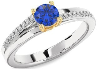 Diamond Blue Sapphire White Yellow Gold Round Solitaire Engagement Ring