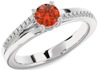 Diamond Fire Opal Silver Round Solitaire Engagement Ring