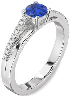 Diamond Blue Sapphire Silver Round Solitaire Engagement Ring
