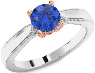 Blue Sapphire Silver & 10K Rose Gold Round Vintage Engagement Ring