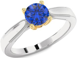 Blue Sapphire White Yellow Gold Round Vintage Engagement Ring