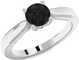 Black Diamond Silver Round Vintage Engagement Ring