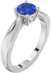 Blue Sapphire Silver Round Vintage Engagement Ring