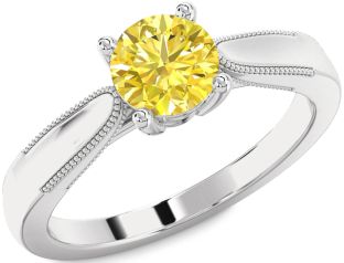 Yellow Diamond Silver Round Vintage Engagement Ring