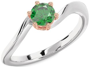 Emerald Silver & 10K Rose Gold Round Solitaire Engagement Ring