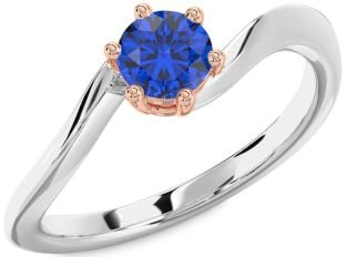 Blue Sapphire Silver & 10K Rose Gold Round Solitaire Engagement Ring