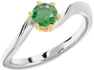 Emerald Silver & 10K gold Round Solitaire Engagement Ring