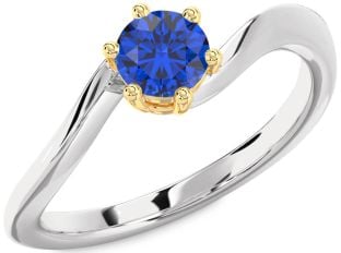 Blue Sapphire Silver & 10K gold Round Solitaire Engagement Ring