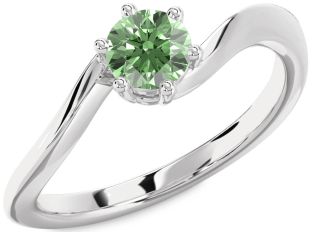 Green Diamond Silver Round Solitaire Engagement Ring