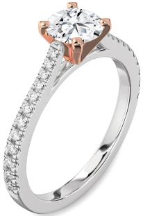 Diamond Silver & 10K Rose Gold Round Solitaire Pave Engagement Ring