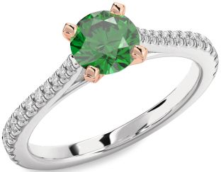 Diamond Emerald Silver & 10K Rose Gold Round Solitaire Pave Engagement Ring