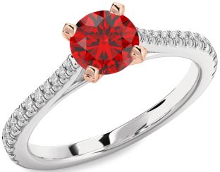 Diamond Ruby Silver & 10K Rose Gold Round Solitaire Pave Engagement Ring