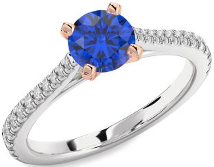 Diamond Blue Sapphire White Rose Gold Round Solitaire Pave Engagement Ring