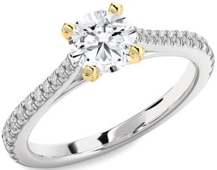 Diamond Silver & 10K gold Round Solitaire Pave Engagement Ring