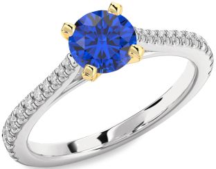 Diamond Blue Sapphire Gold Silver Round Solitaire Pave Engagement Ring