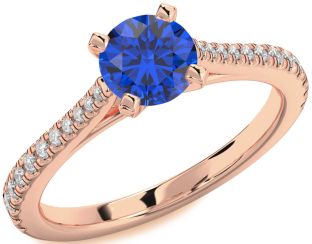 Diamond Blue Sapphire Rose Gold Round Solitaire Pave Engagement Ring