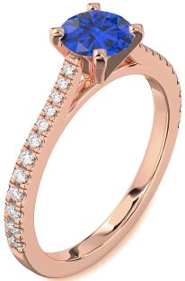 Diamond Blue Sapphire Rose Gold Silver Round Solitaire Pave Engagement Ring