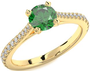Diamond Emerald Gold Round Solitaire Pave Engagement Ring