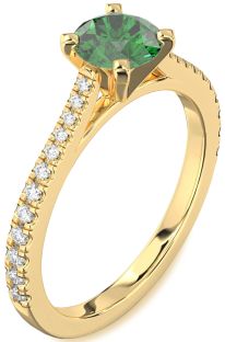 Diamond Emerald Gold Round Solitaire Pave Engagement Ring